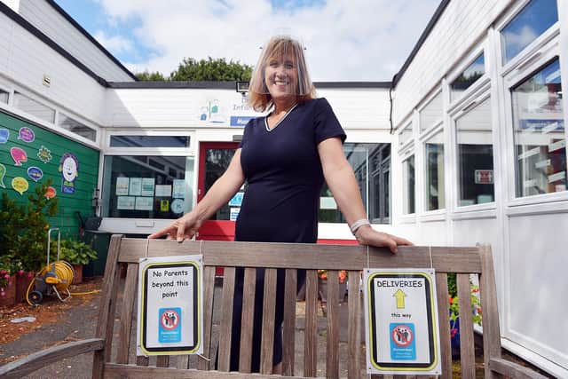 Dobcroft Infant School Getting back to school safely during Covid-19 (school tour). Cathy Rowland head teacher at Dobcroft Infant School.