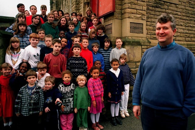 Mr Walze, headteacher of Sheffield's 'smallest' school, Bethany School, on Anns Road, Heeley, with pupils and teachers in 1997