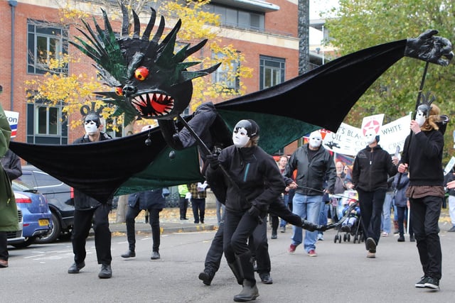 A 10ft 'oil monster' puppet and its barons formed part of the demonstration.
