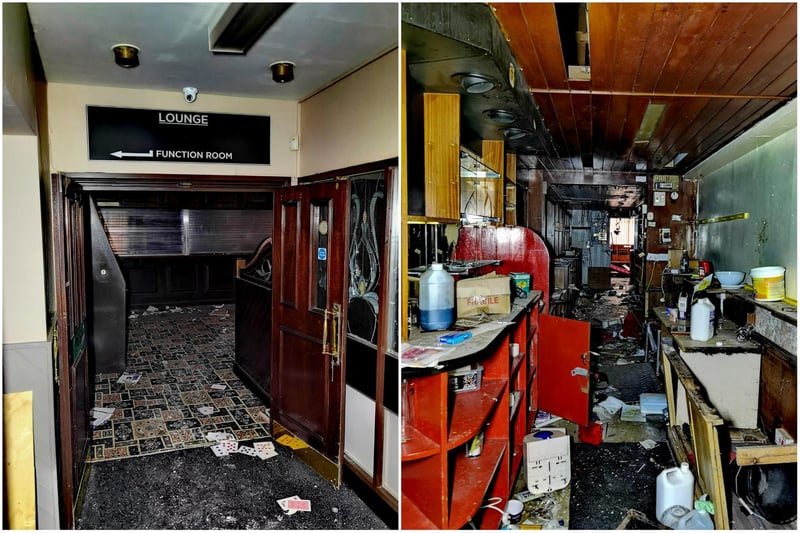 The entrance to the lounge where playing cards are still scattered on the floor. Pictured right is the former bar area, which in particular looks in bad shape.