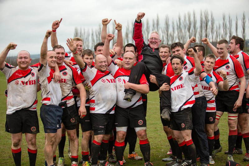 Keyworth Derrick Sherlock is hoisted up by his Chesterfield Panthers squad as they secure the 2014 championship with a dominant victory over Keyworth.