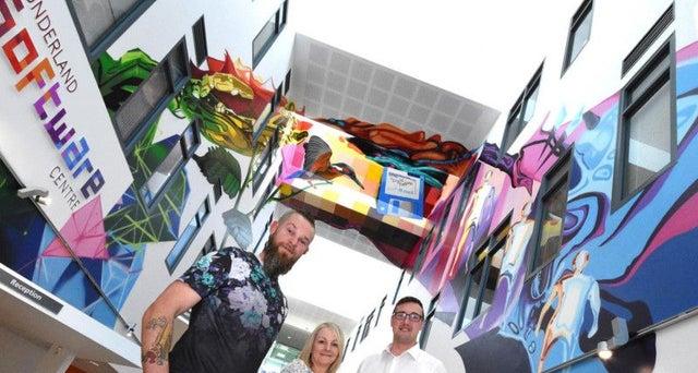 The Sunderland artist has added his unique brand of art to the city's tech incubator, Sunderland Software Centre. The giant mural adorns the walls and ceiling of the atrium of the centre.
