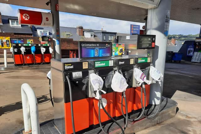 Plastic bags have been taped over these pumps at the petrol station at Texaco, Ecclesall Road, as they have run out of fuel.