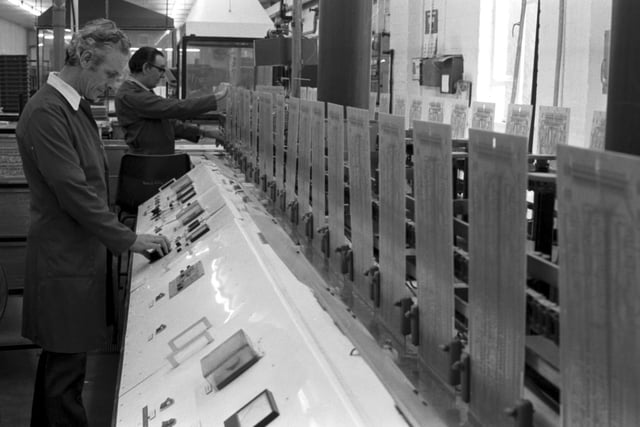 Men working on the Selectaflex line at Exacta Circuits in Galashiels, April 1980.