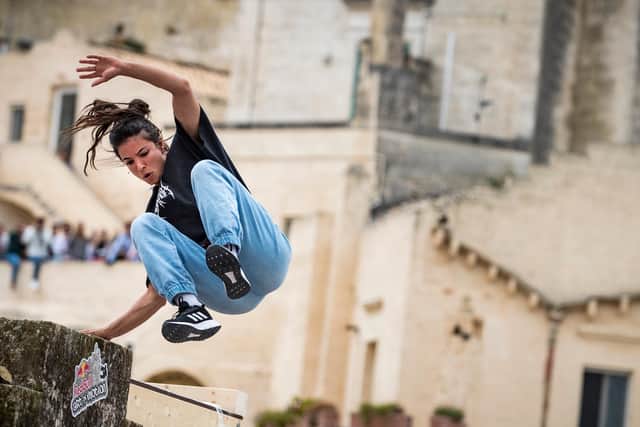 Hazal Nehir competing in the finals of the Red Bull Art of Motion freerunning competition in Matera, Italy (pic: Samo Vidic/Red Bull Content Pool)
