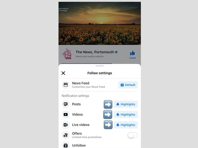 You can also adjust the settings for our posts, videos and live videos. By tapping the blue box next to each of them, you can set up notifications for when we post stories, videos or live videos so you never miss a thing. Go to the next page for the final step.