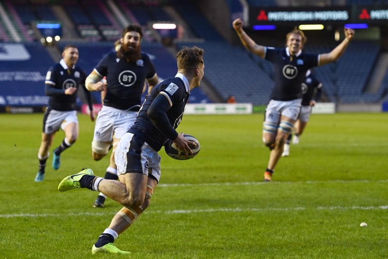 Scotland's Jonny Gray (right) celebrates as Darcy Graham goes over for the opening try during a Guinness Six Nations tie between Scotland and Wales at BT Murrayfield