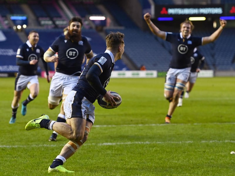 Scotland's Jonny Gray (right) celebrates as Darcy Graham goes over for the opening try during a Guinness Six Nations tie between Scotland and Wales at BT Murrayfield