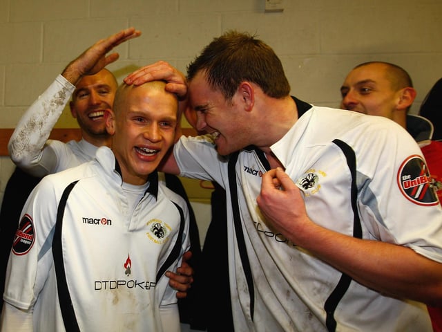 Lindon Meikle and Russell Cooke celebrate post-match.
