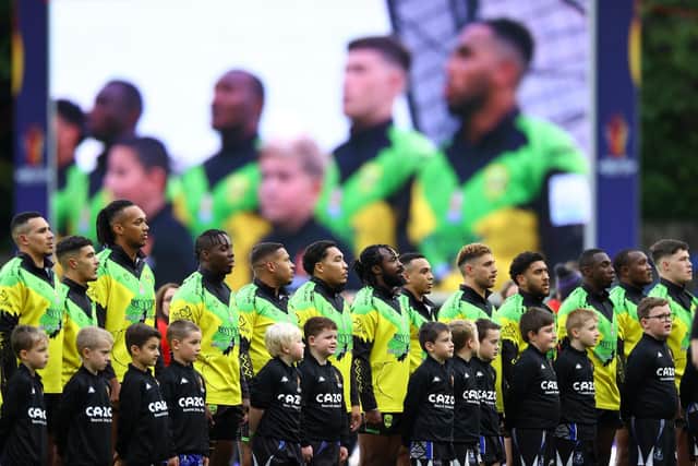 Jamaica line up for the National Anthems in the Rugby League World Cup. Photo by Michael Steele/Getty Images