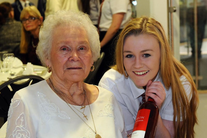 Ethel Donkin (92) is served wine at the Over 60s Valentines meal held in Academy 360 by student Chloe Johnstone (16). Remember this from 5 years ago?