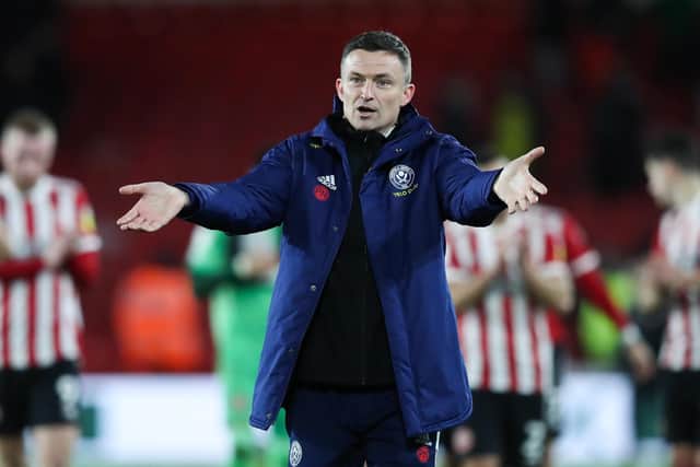 Paul Heckingbottom, the manager of Sheffield United, celebrates following victory over West Brom at Bramall Lane: Isaac Parkin / Sportimage