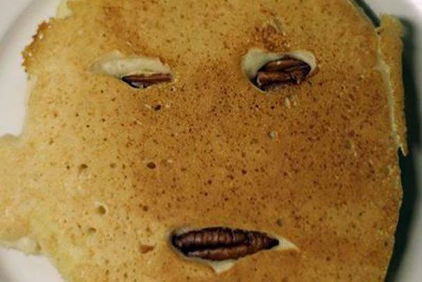 Stuart James Fadden made a face from pancake batter and nuts.