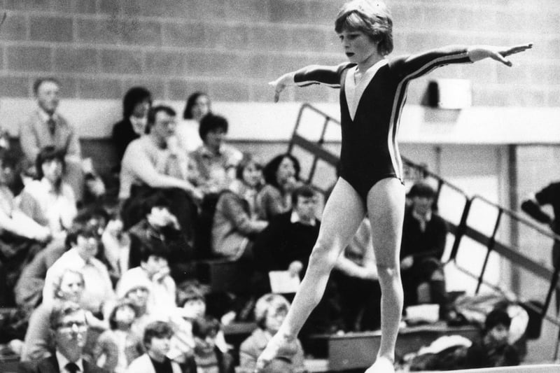 Donna Green goes through her routine before a packed gallery at Temple Park Leisure Centre in February 1983.