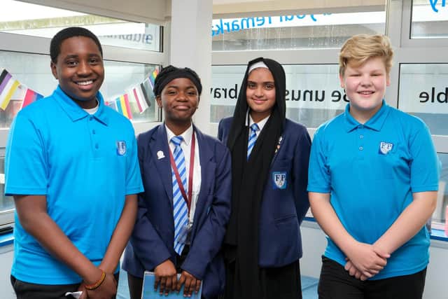 Firth park Academy stars in the BBC TV series Our School. Pupils (from left) Raymond Sekanjako, Mariam Basubi , Aiza Khan and Blake Swift