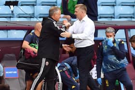 Sheffield United manager Chris Wilder and Aston Villa manager Dean Smith at the final whistle: Paul Ellis/PA Wire/NMC Pool.