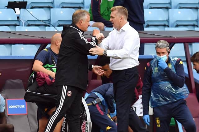 Sheffield United manager Chris Wilder and Aston Villa manager Dean Smith at the final whistle: Paul Ellis/PA Wire/NMC Pool.