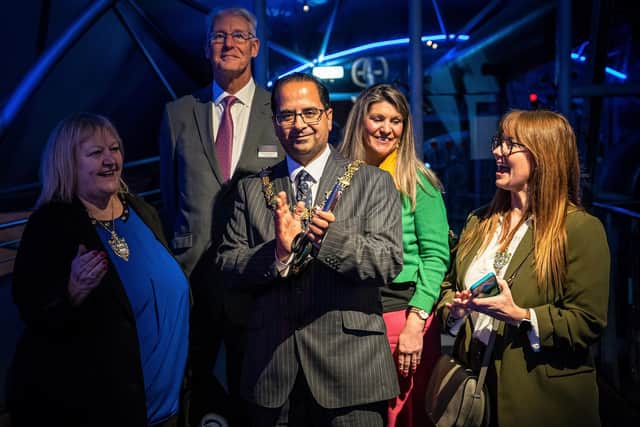 Magna’s Air Pavilion officially re-opened by Mayor of Rotherham Coun Tajamal Khan (centre) with (l-r) Master Cutler Dame Julie Kenny DBE DL, Magna CEO Kevin Tomlinson, Coun Lyndsay Pitchley and Mistress Cutler Rachel Abbott.
