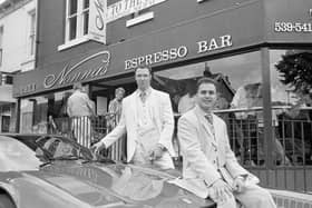 Maurizio Mori (foreground, sitting on car) and Gian Bohen (behind the car) celebrate the launch of Nonnas in this rare photo.