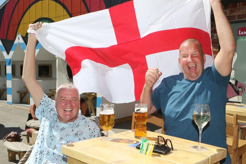 John McKaig and Dave Driffill show their support for England's bid for the Euros at The Spotted Frog, Brampton.