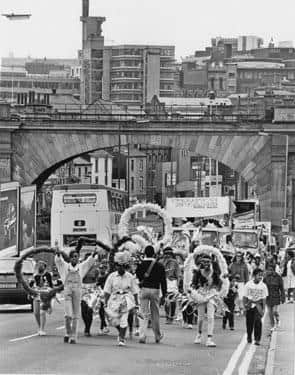 North Stars Steel Band parading on Spital Hill during Caribbean Cultural Fortnight, September 1986.