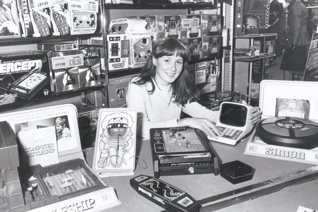 Mandy Nunn and electronic toys at Redgates, Sheffield in November 1979