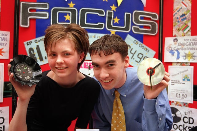 Leigh Morris and Michael Rodger of Tapton School pictured at their trade Stand FOCUS at ther Young Enterprise fair held at Market Street Meadowhall in 1999