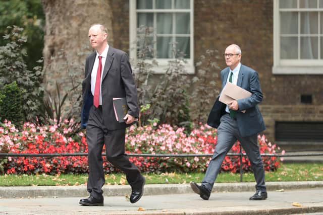 The government's chief medical officer Chris Whitty (left) and chief scientific adviser Patrick Vallance arrive in Downing Street, London, ahead of a briefing to explain how the coronavirus is spreading in the UK and the potential scenarios that could unfold as winter approaches.