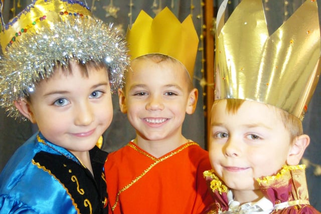 Three kings l-r Robin Stray, Ethan Balme and Ellis Bray, all five, pictured during rehearsals for their school nativity 'Fishing for a Star' in 2005