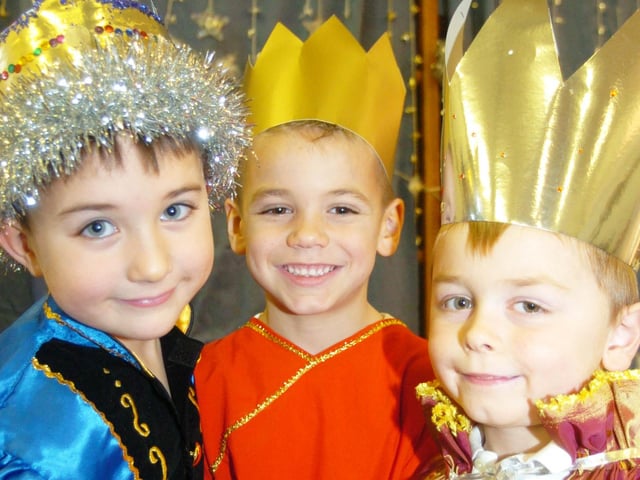 Three kings l-r Robin Stray, Ethan Balme and Ellis Bray, all five, pictured during rehearsals for their school nativity 'Fishing for a Star' in 2005