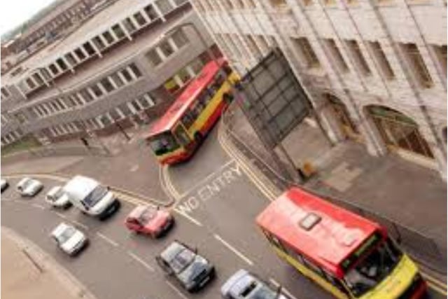 Buses exiting the North Bus Station in the 1990s.