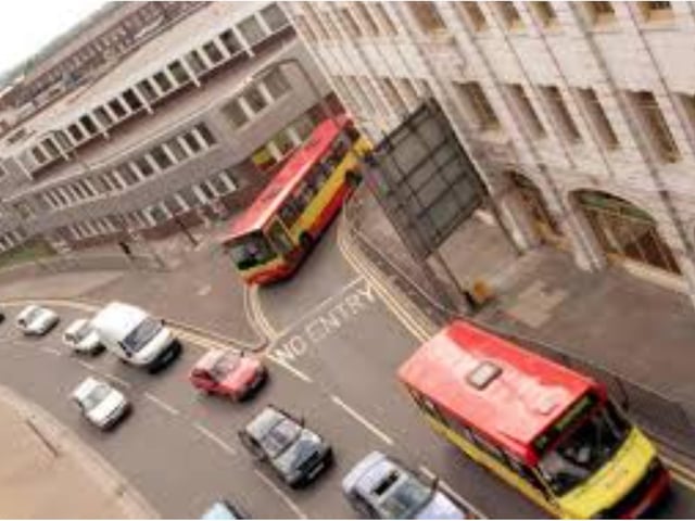 Buses exiting the North Bus Station in the 1990s.