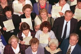 Mayor Dorothy Layton pictured with Metro Clean NVQ certificate recipients at the mansion house in 1997.