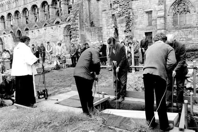 Burial of Abbott's remains in Jedburgh Abbey, April/May 1986.