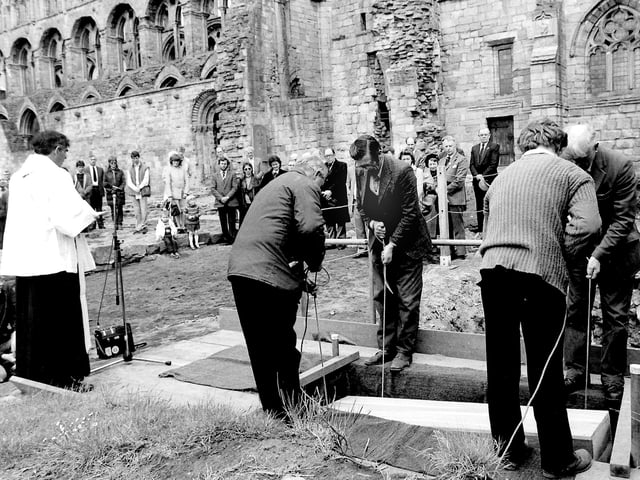 Burial of Abbott's remains in Jedburgh Abbey, April/May 1986.