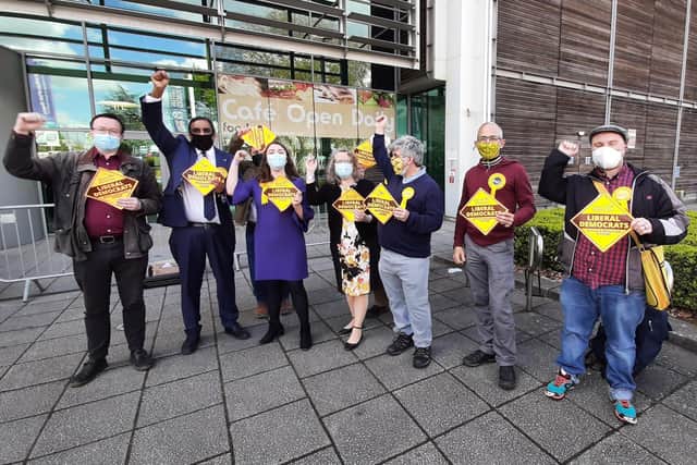 Sheffield Liberal Democrats outside the English Institute of Sport Sheffield following the local elections in 2021.