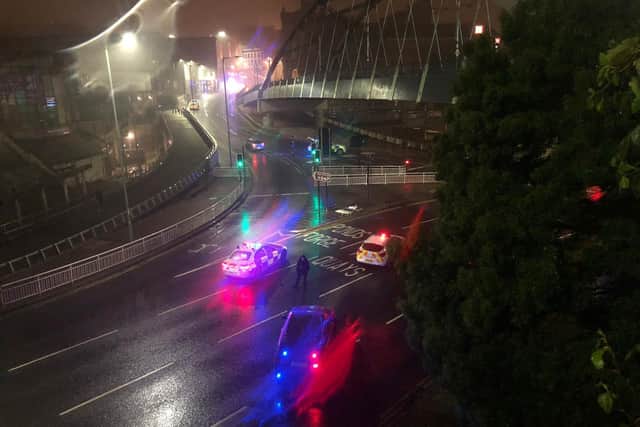Police blocked off Park Square roundabout last night. Photo by Dan Hayes.