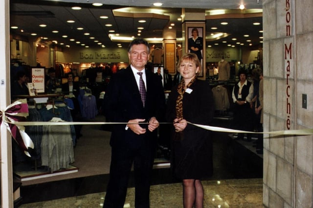 Paul Lee, Chairman of Bon Marche Ltd, opening the flagship store at Meadowhall (Sheffield) in 1998 assisted by Carol White, Macmillan Cancer Relief Coporate Fundraiser for the North West Region.