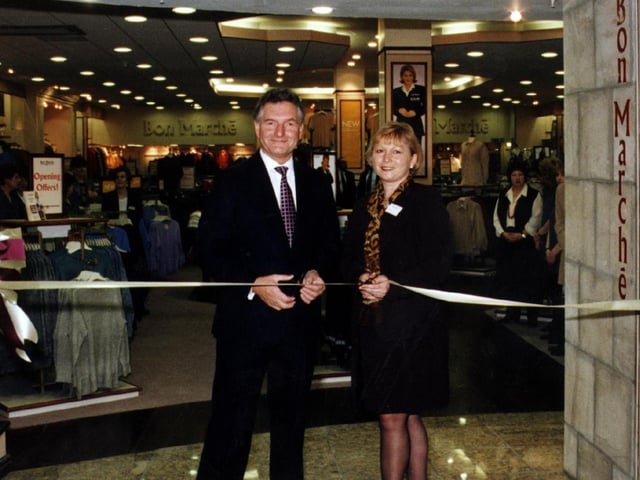 Paul Lee, Chairman of Bon Marche Ltd, opening the flagship store at Meadowhall (Sheffield) in 1998 assisted by Carol White, Macmillan Cancer Relief Coporate Fundraiser for the North West Region.