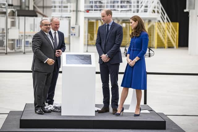 TRH The Duke and Duchess of Cambridge open the McLaren Composites Technology Centre in Rotherham in 2018 with Prince Salman bin Hamad Al Khalifa, left, and CEO Mike Flewitt.