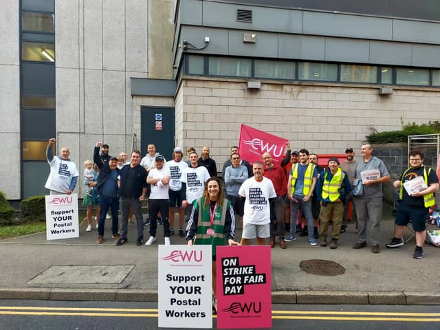 Postal workers on the picket line at the Sheffield City Delivery Office in Pond Street. Over 110,000 Royal Mail staff have walked out over a pay dispute.
