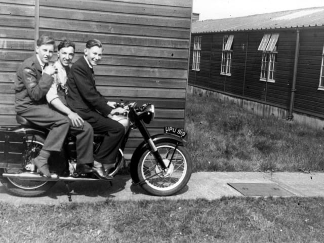 Leading aircraft man Ted Caton (right) and two of his national service pals at RAF Norton in 1953. The motor bike is a Norton