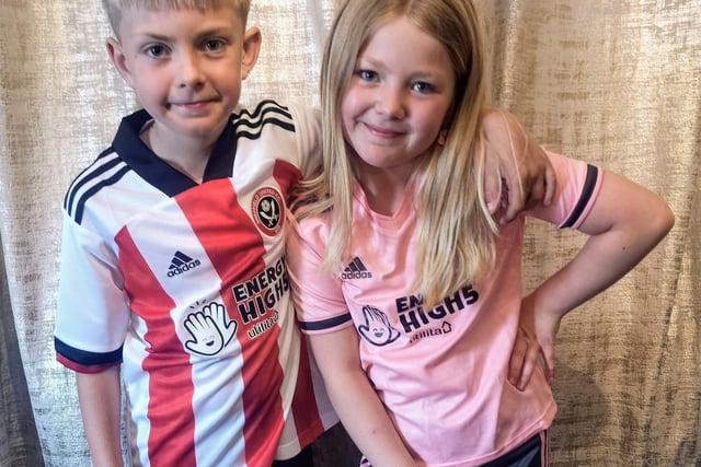 Bradley James celebrating his 10th birthday in his new kit with his eight-year-old sister, Maisie.