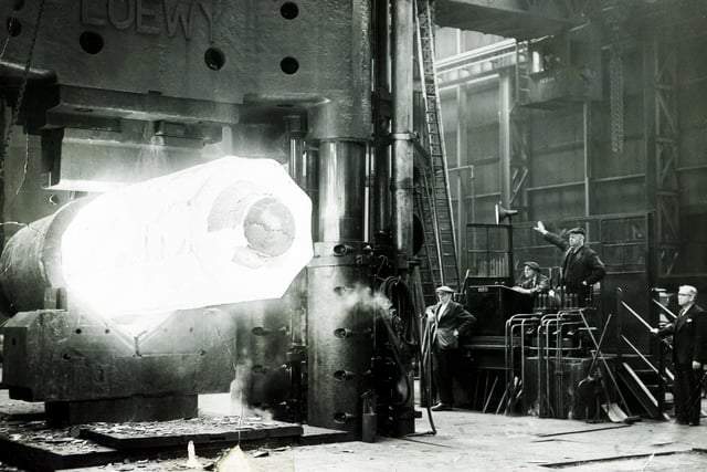 Steelmaking at Hadfields - A 35 ton ingot under the 2,700 ton press being forged at Hadfields' East Hecla Works, Sheffield, in 1955