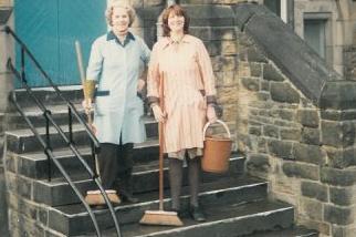 Cleaners outside Sheffield High School gym in 1982
