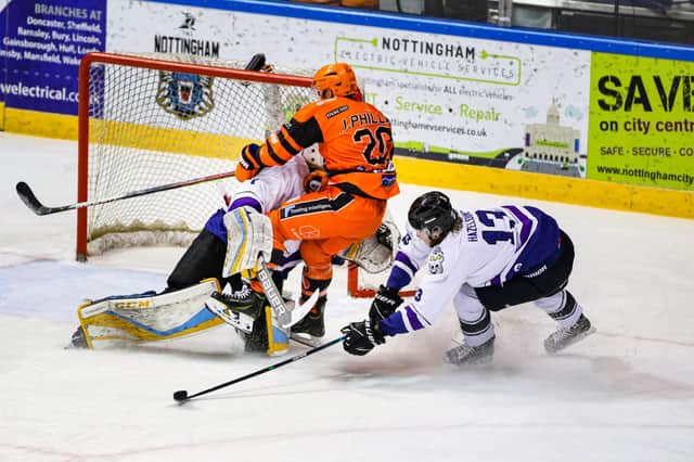 Sheffield Steelers' Jonathan Phillips draws a penalty against Manchester Storm. Picture: Mark Ferris
