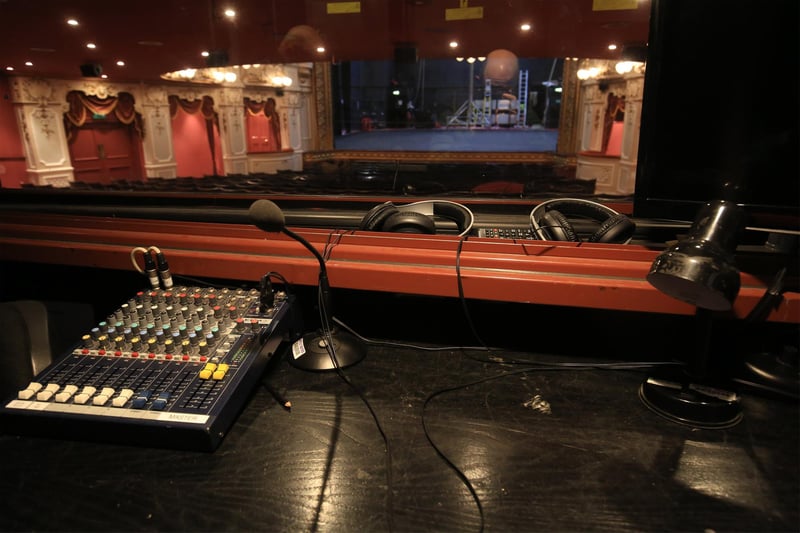 Inside the sound booth that is used during performances.
