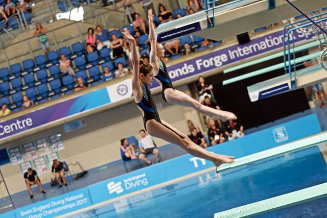 Sheffield's Sofia Sathio and Victoria Ward diving at Ponds Forge. Picture: Marie Caley NSST Diving MC 2