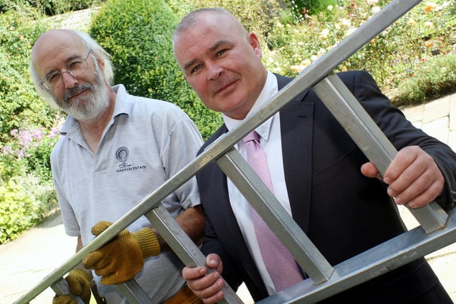Head Gardener of Haddon Hall, Tom Pope, and Health and Safety Inspector for the High Peak and Derbyshire Dales, Eddy Tarn, pictured  in 2007 at the Ladder Exchange to promote the use of safe equipment across the county.