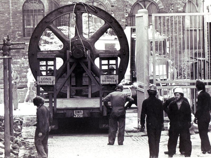 A 14 tonne chunk of Sheffield's history moved to its final resting place, with only inches to spare, from the old BSC hand rolling mills at Millsands to Kelham Island Industrial Museum on August 21, 1980